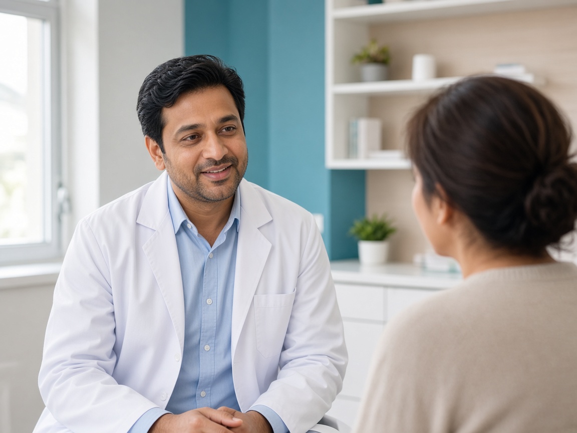 Doctor speaking with a patient in a bright clinic room